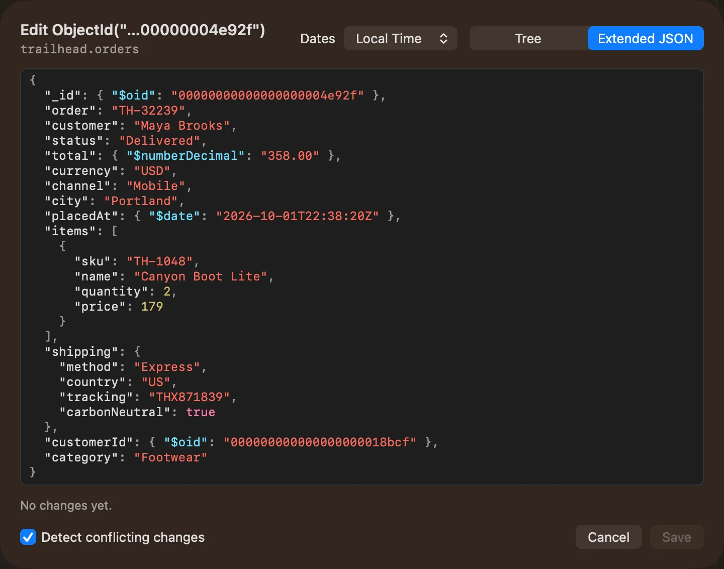 Bison’s Extended JSON editor with an order containing ObjectId, Decimal128, date, and nested shipping values. Dark appearance.