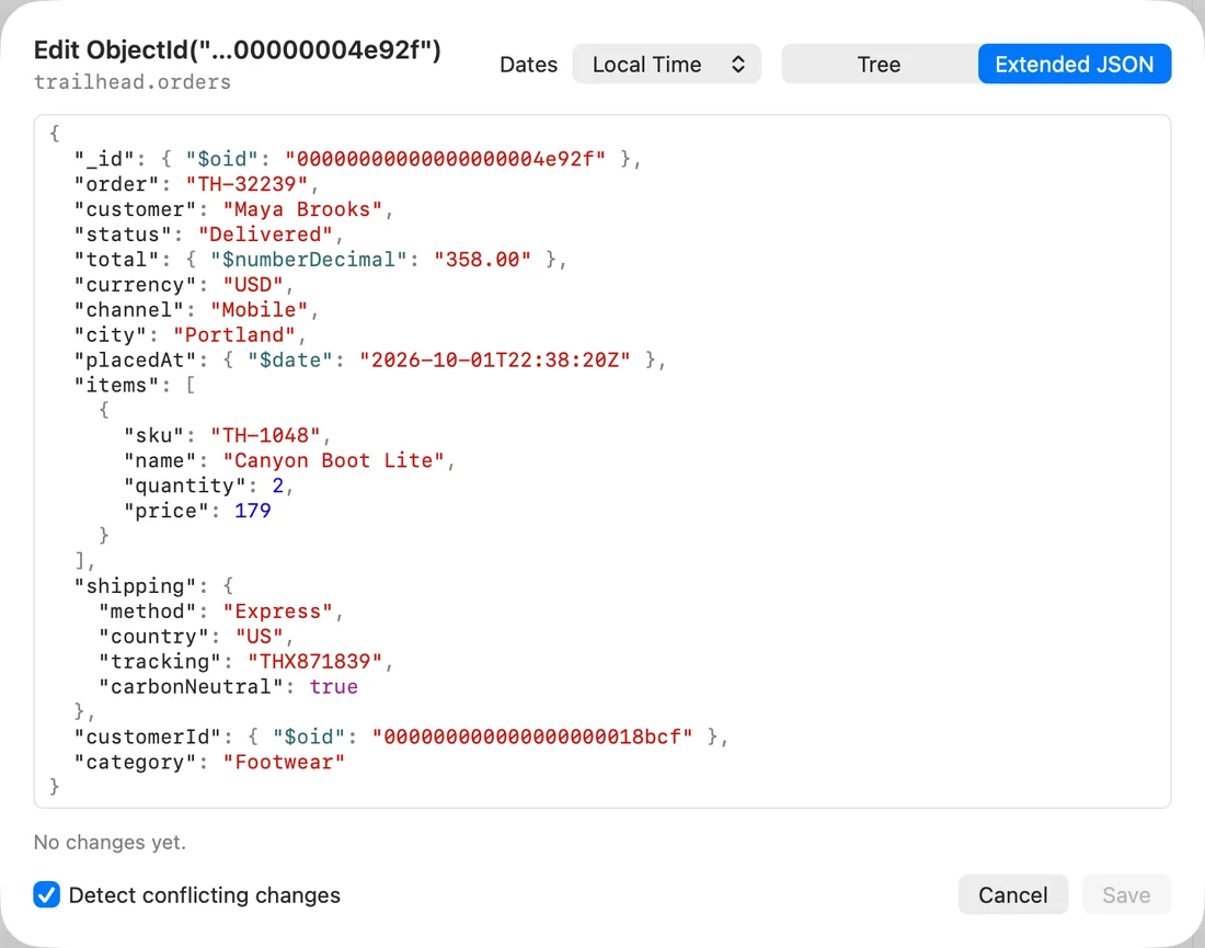 Bison’s Extended JSON editor showing a fictional Trailhead order with typed values and nested shipping details.